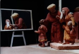 Maquette showing Abraham, Hagar and Ishmael - the models and the mirror